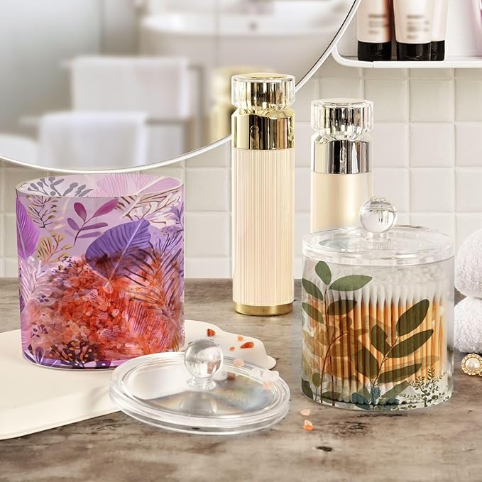 2 Pack Qtip Dispenser Apothecary Jars with Lids Cotton Round Holder Bathroom Canisters for Cotton Swab Floss Ball Pads Clear Plastic Decorative Purple and Beige Boho Leaves