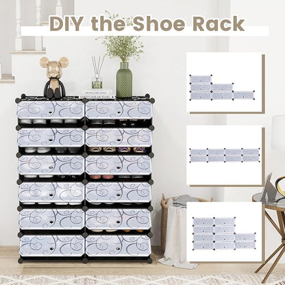 COSTWAY Shoe Rack Organizer, 6 Tier Shoe Shelves with Covers, DIY Design, 24-Pair Stackable Cube Organizer Boxes, Freestanding Shoe Cabinet for Entryway Bedroom Closet Hallway (Black)
