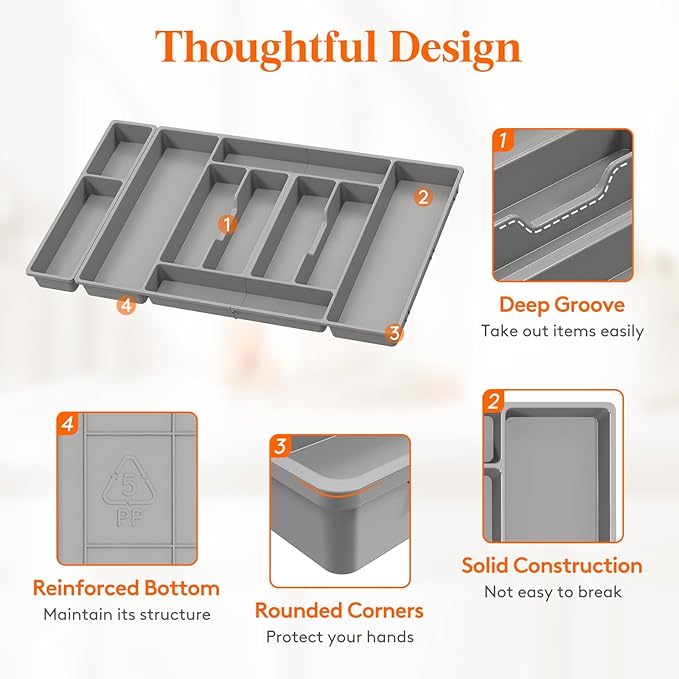 Lifewit Silverware Organizer, Plastic Kitchen Utensil Drawer Tray, Cutlery Flatware Storage Holder for Spoons Forks Knives, 28 x 16"/ 72 x 42cm, 10 Compartment, Gray