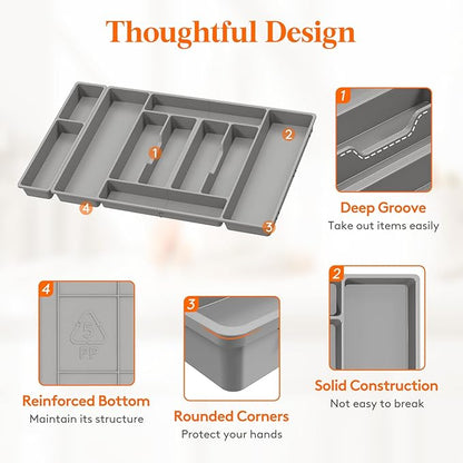 Lifewit Silverware Organizer, Plastic Kitchen Utensil Drawer Tray, Cutlery Flatware Storage Holder for Spoons Forks Knives, 28 x 16"/ 72 x 42cm, 10 Compartment, Gray