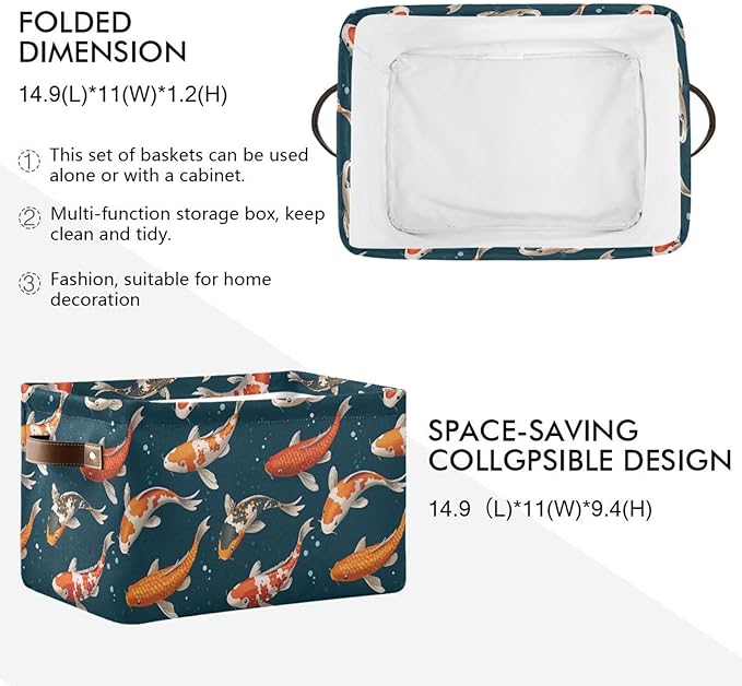 Foldable Storage Baskets Set of 2, Koi Carps 3D Japanese Storage Bins with Handles, Decorative Cloth Organizer Storage Boxes for Home|Office 15 x 11 x 9.5 in
