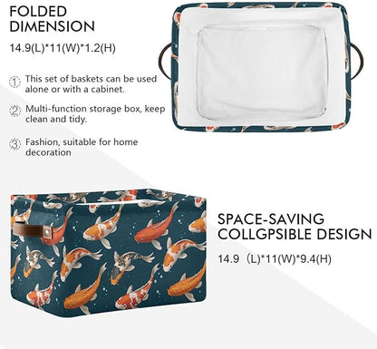 Foldable Storage Baskets, Koi Carps 3D Japanese Storage Bins with Handles, Decorative Cloth Organizer Storage Boxes for Home|Office 15 x 11 x 9.5 in