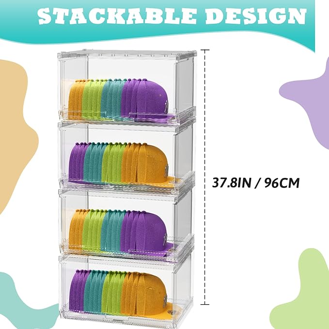 SCAVATA 4 Pack Large Hat Organizer Box, Stackable Clear Baseball Caps Holder Box Containers with Sliding Door for Hats Snapback Cap Storage, Hat Rack Display Case, Holds 20 Hats Each - Clear