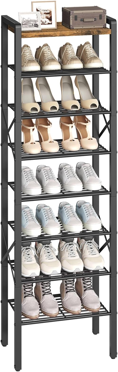 YATINEY 8-Tier Narrow Shoe Rack, Tall Shoe Rack for 8-16 Pairs, Slim Shoe Storage Organizer with Wooden Top, Space Saving, Metal Frame, for Entryway, Rustic Brown and Black SS608BR