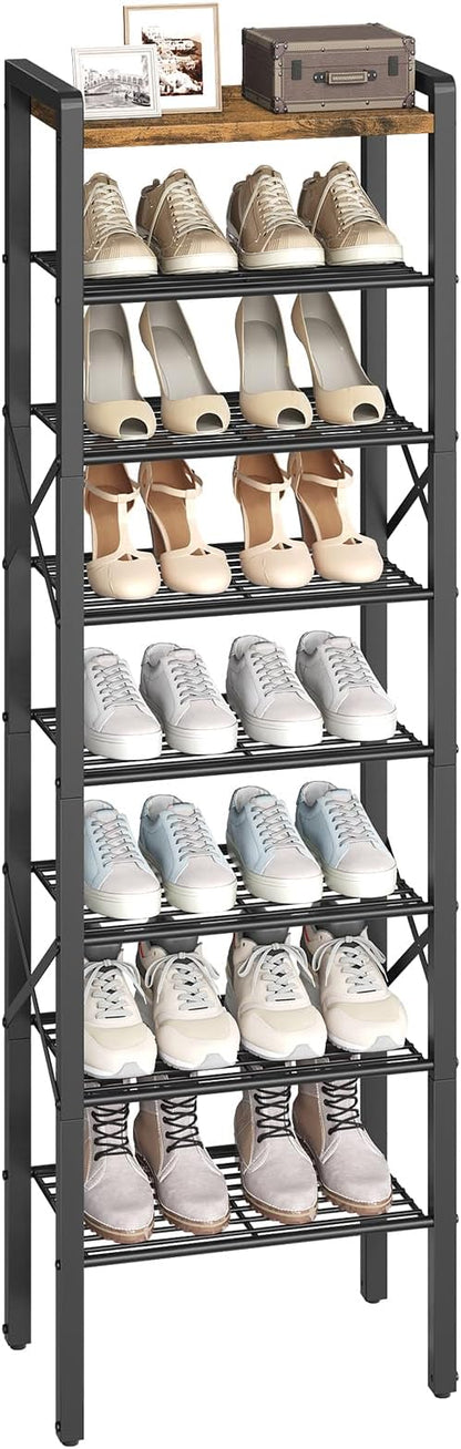 YATINEY 8-Tier Narrow Shoe Rack, Tall Shoe Rack for 8-16 Pairs, Slim Shoe Storage Organizer with Wooden Top, Space Saving, Metal Frame, for Entryway, Rustic Brown and Black SS608BR