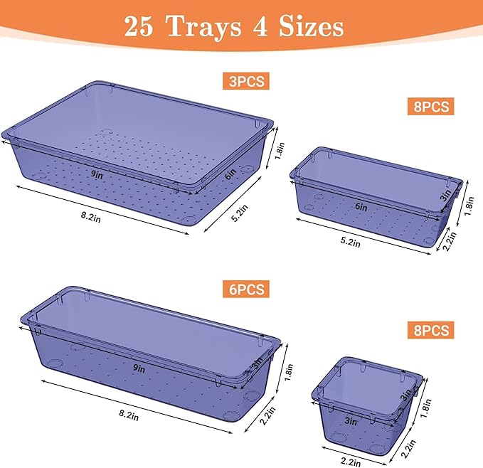 SpaceHacks 25 PCS Plastic Drawer Organizer Set, 4-Size Versatile Organizer Trays & Storage Bins for Makeup, Jewelry, and Gadgets in Bathroom, Bedroom and Office,Dark Blue