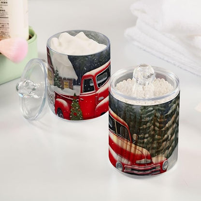 2 Pack Apothecary Jars Bathroom Red Truck Farm Christmas Qtip Holder Dispenser Clear Plastic Storage Canister Jar with Lid for Cotton Ball, Cotton Swab
