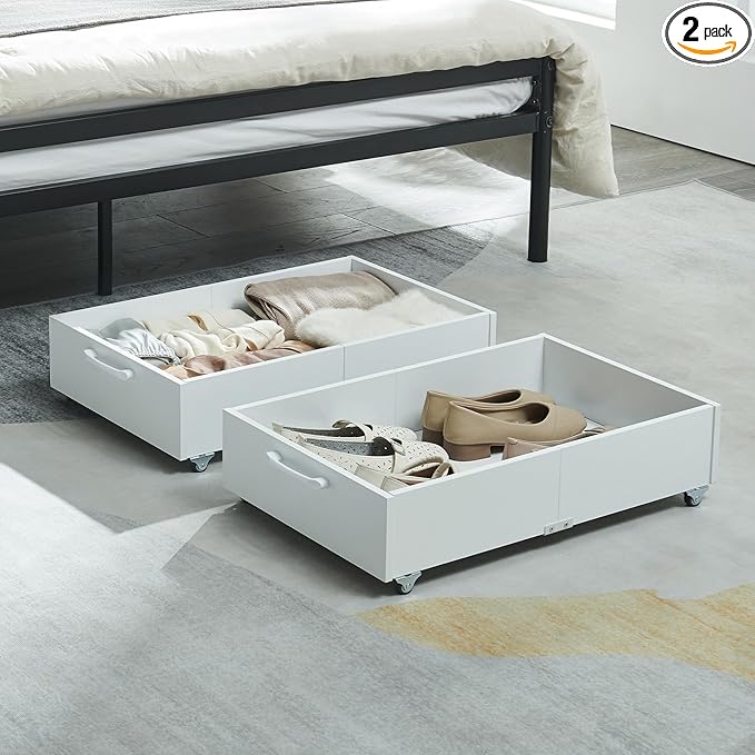 TIOPGHAD Under Bed Storage with Wheels, 2-Pack Under Bed Shoe Storage Organizer Drawer, Composite Wood Organizer for Shoes Clothes Containers in Bedroom for Clothes,Shoes(White)