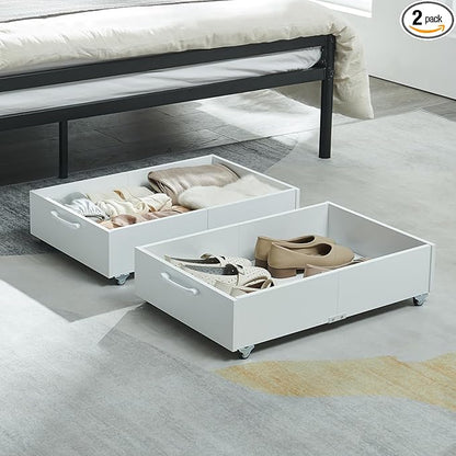 TIOPGHAD Under Bed Storage with Wheels, 2-Pack Under Bed Shoe Storage Organizer Drawer, Composite Wood Organizer for Shoes Clothes Containers in Bedroom for Clothes,Shoes(White)