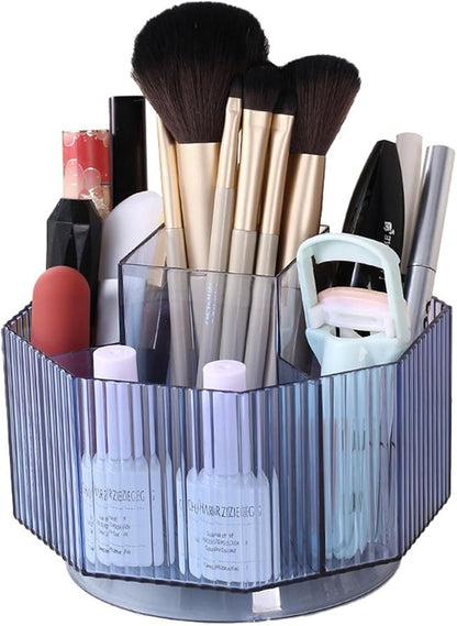 LINFIDITE 360°Rotating Makeup Organizer Holder Cosmetic Display Case Clear Makeup Brush Lip Gloss Organizer Case with 5 Slots Round Turntable Storage Tray for Vanity, Bathroom, Counter Organizer Blue