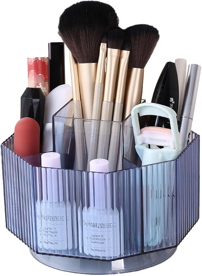 LINFIDITE 360°Rotating Makeup Organizer Holder Cosmetic Display Case Clear Makeup Brush Lip Gloss Organizer Case with 5 Slots Round Turntable Storage Tray for Vanity, Bathroom, Counter Organizer Blue