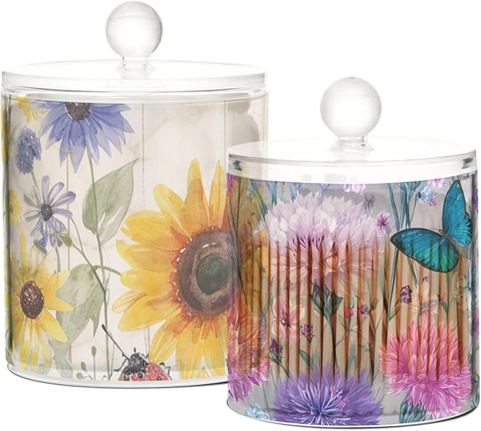 2 Pack Qtip Dispenser Apothecary Jars with Lids Cotton Round Holder Bathroom Canisters for Cotton Swab Floss Ball Pads Clear Plastic Decorative Sunflowers Cornflower Butterfly
