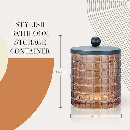 Amber Colored Tranlucent Apothecary Etched Geometric Grid Glass Jar W/Matte Black Metal Lid for Bathroom Organization, Cotton Balls, Q Tips, and Small Accessories, Bathroom Storage