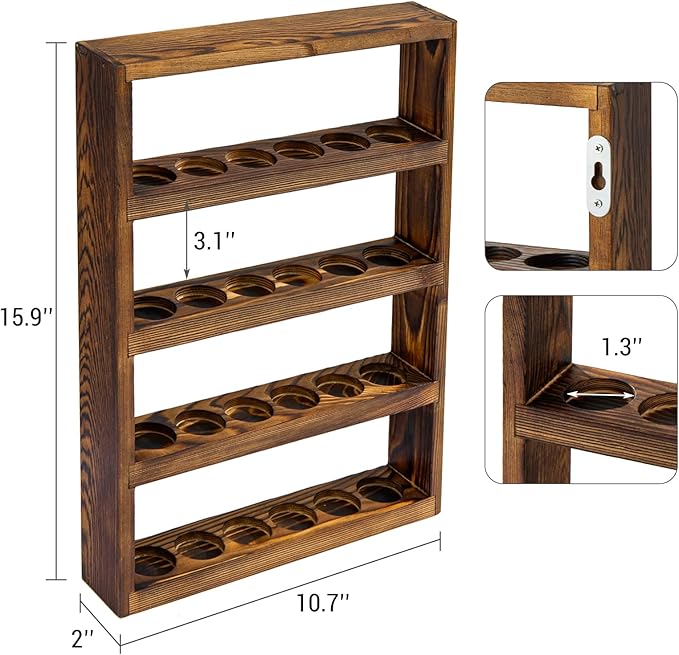 MyGift Vintage Dark Brown Solid Wood Wall-Mounted Essential Oil Holder Rack – 24-Bottle Storage Display Shelf