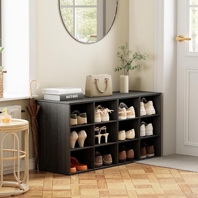 Aenuert 12-Cubby Shoe Rack, 3-Tier Wood Shoe Organizer, Multifunctional Shoe Organizer Bench for Entryway, Mudroom, Hallway, Closet,36.22 * 11.81 * 17.72 Inch,Black