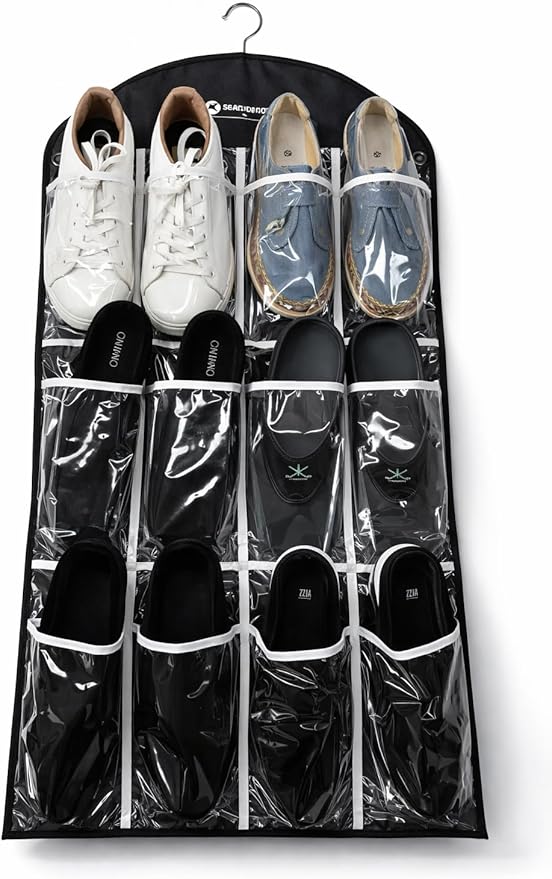 12 Pocket Clear Hanging Shoe & Accessory Organizer Bag - Closet Storage Solution for Shoes, Jewelry, Scarves, Belts & Small Accessories, Durable Space-Saving Design