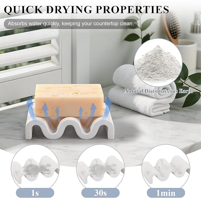 Diatomite Soap Dish Quick Drying Bar Soap Holder Draining Soap Saver Rack Wave Pattern Sponge Tray for Bathroom Sink, Shower, Kitchen, Marble White