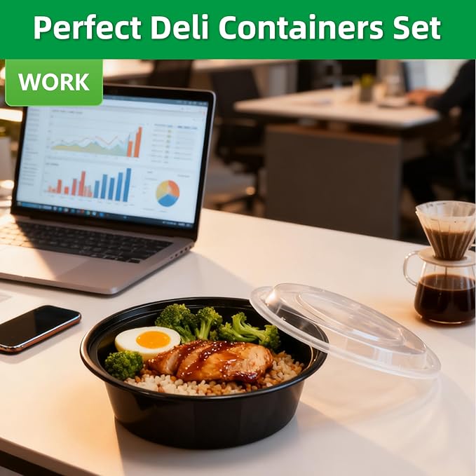 Meal Prep Containers Reusable 50 Pack-28 oz Food Storage Containers with Lids To Go Food Containers Takeout, Microwave Dishwasher Freezer Safe, Stackable, BPA Free, Plastic(Black)