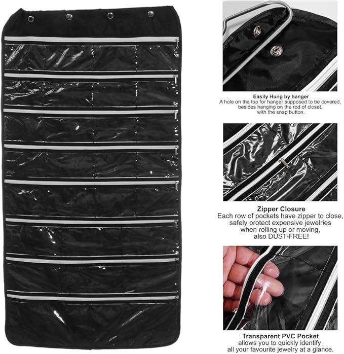 56 Pockets Large Zippered Dual Sided Jewelry Hanging Organizer Necklace Earrings Bracelets Rings Accessories Storage Bag Wall Mounted Door Cabinet Hanger Holder Clear Pouch Display Foldable