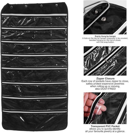 56 Pockets Large Zippered Dual Sided Jewelry Hanging Organizer Necklace Earrings Bracelets Rings Accessories Storage Bag Wall Mounted Door Cabinet Hanger Holder Clear Pouch Display Foldable