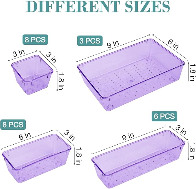 StorMiracle 25 PCS Drawer Organizer Set, 4 Varied Size Bathroom and kitchen Drawer cabinet organizer Trays, Clear Storage Bins for Makeup, Jewelry, Utensils and Gadgets， Purple