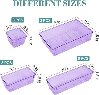 StorMiracle 25 PCS Drawer Organizer Set, 4 Varied Size Bathroom and kitchen Drawer cabinet organizer Trays, Clear Storage Bins for Makeup, Jewelry, Utensils and Gadgets， Purple