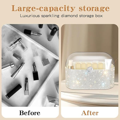 Bling Makeup Organizer with Lid,Shiny Large Capacity Cosmetic Display Case, Easy to Hold Your Makeup Products Lipstick/Makeupbrushes/Eyeliner/Skincare Products