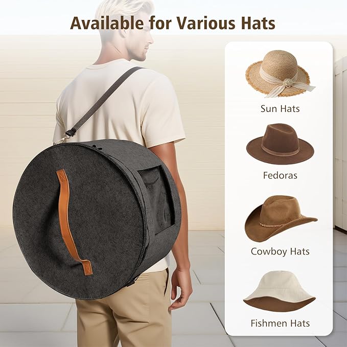 HEAVYWOOD Hat Box for Women Storage Travel Felt Hat Case for Wide-Brim Cowboy Hat Storage for Large Round Hat Carrier with Portable Handle Shoulder Strap (Dark Gray, Shoulder Stripe)