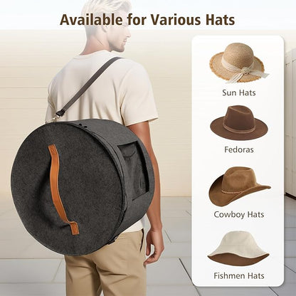 HEAVYWOOD Hat Box for Women Storage Travel Felt Hat Case for Wide-Brim Cowboy Hat Storage for Large Round Hat Carrier with Portable Handle Shoulder Strap (Dark Gray, Shoulder Stripe)