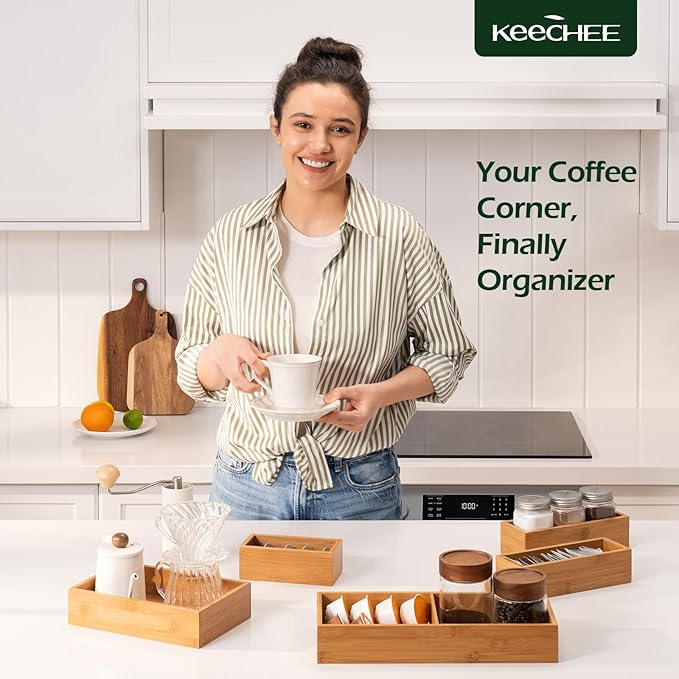 keechee 5-Piece Bamboo Drawer Organizer Set, 2.2" Deep Multi-Use Organizers for Utensils, Silverware, Cutlery, Desk, Bathroom, Junk Drawer & Makeup, Non-Slip Feet Included.