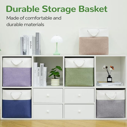 13 x 13 Inch Cube Storage Bins, 6 Pack Fabric Storage Basket with Handles, Foldable Boxes Organizer for Shelf Baskets for Home, Clothes (White/Green)