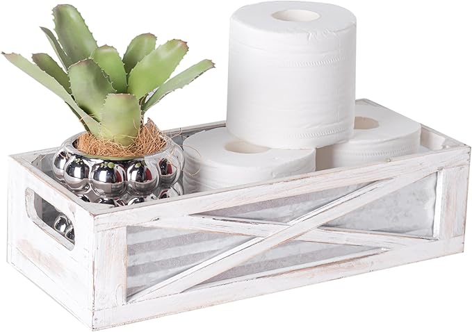Wooden Toilet Tank Basket, Rustic Bathroom Decor Box, Farmhouse Toilet Paper Organizer Holder, Decorative Bathroom Storage Basket, Barn Door (Whitewash)
