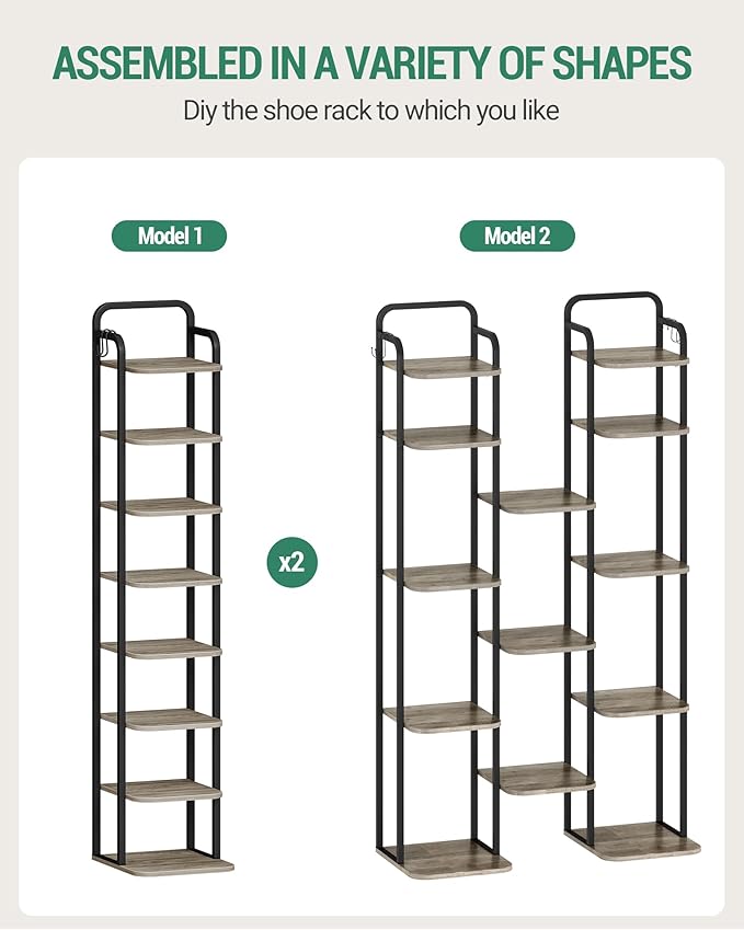 Hzuaneri 8 Tiers Vertical Shoe Rack, Narrow Shoe Tower, Tall Shoes Shelf with 2 Hooks, Adjustable Shelves, Corner Shoes Shelves for Small Spaces, Entryway, Living Room, Greige SR04305B