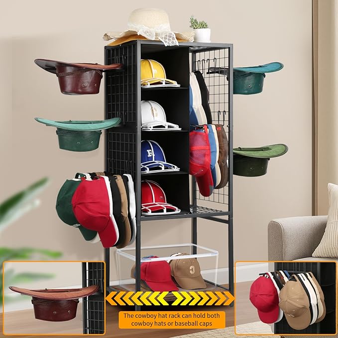 Meangood Hat Holder Stand, 5 Tier Big Capacity Hat Organzier Display Rack with Deep Pockets Remove Hooks for Storage Baseball, Cowboy, Caps Boxes, Western Rustic Brown