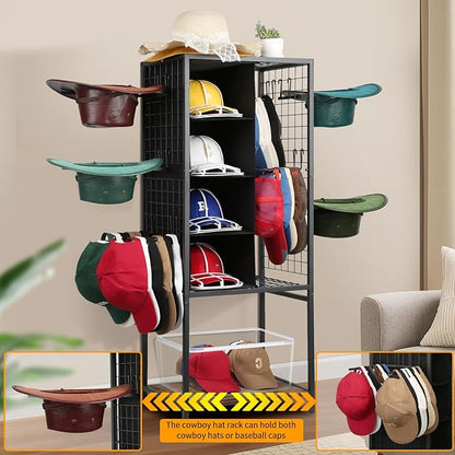 Meangood Hat Holder Stand, 5 Tier Big Capacity Hat Organzier Display Rack with Deep Pockets Remove Hooks for Storage Baseball, Cowboy, Caps Boxes, Western Rustic Brown