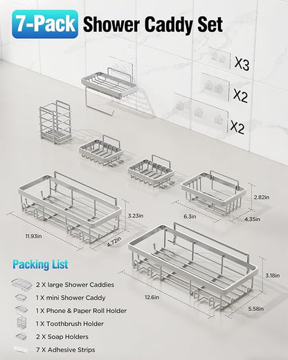 Shower Caddy 7 Pack, Adhesive Bathroom Shower Organizer for Bathroom Storage, No Drilling Large Capacity Rustproof Stainless Steel Shower Shelves Rack for Bath, Silver