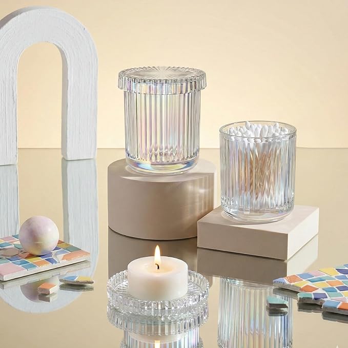 2 Pack Qtip Holder - Apothecary Jars with Lids, Bathroom Organizers and Storage Canister for Cotton Balls,Swabs,Floss Picks,Hair Ties,Clear Glass Vintage Bathroom Decor Jar Set (Iridescent)