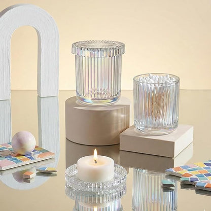 2 Pack Qtip Holder - Apothecary Jars with Lids, Bathroom Organizers and Storage Canister for Cotton Balls,Swabs,Floss Picks,Hair Ties,Clear Glass Vintage Bathroom Decor Jar Set (Iridescent)