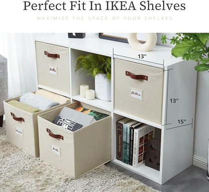 DECOMOMO Storage Baskets, 13x15x13 Storage Cube Bins with Labels for Organizing Shelves Kallax (Kallax / 4pcs, Beige)