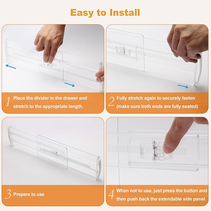 4 Pack Drawer Dividers for Clothes, 4" High 10.6"-16.9" Drawer Divider Adjustable Expandable Dresser Drawer Organizer, Clear Dresser Separators for Clothes, Underwear, Baby Clothes,Cosmetic,Toiletries