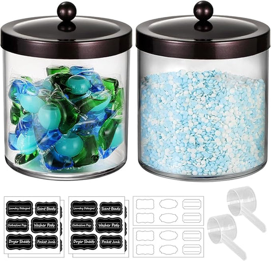 SheeChung 2 Pack 50oz Large Apothecary Jar with Bronze Rust-Proof Lid - Shatterproof Plastic Laundry Pods Container - Rustic Farmhouse Decor Storage Jar for Bathroom Vanity, Kitchen, & Scent Bead