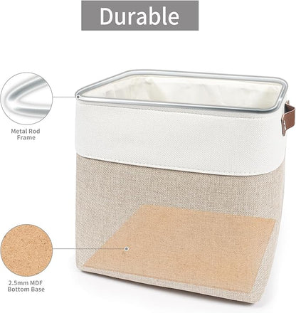 Bagnizer Collapsible Fabric Storage Cubes 11x11 Cube Storage Bins, 4 Pack Closet Baskets Box with Handles for Organizing, Shelf, Toys, Clothes, Home, Office, Nursery (Beige&White)