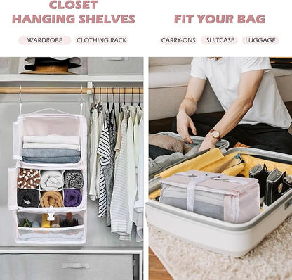 Surblue Hanging Shelves Travel Storage Bag Compression Packing Cube for Suitcase Collapsible with Extension Layer Large Capacity, Pink,XL