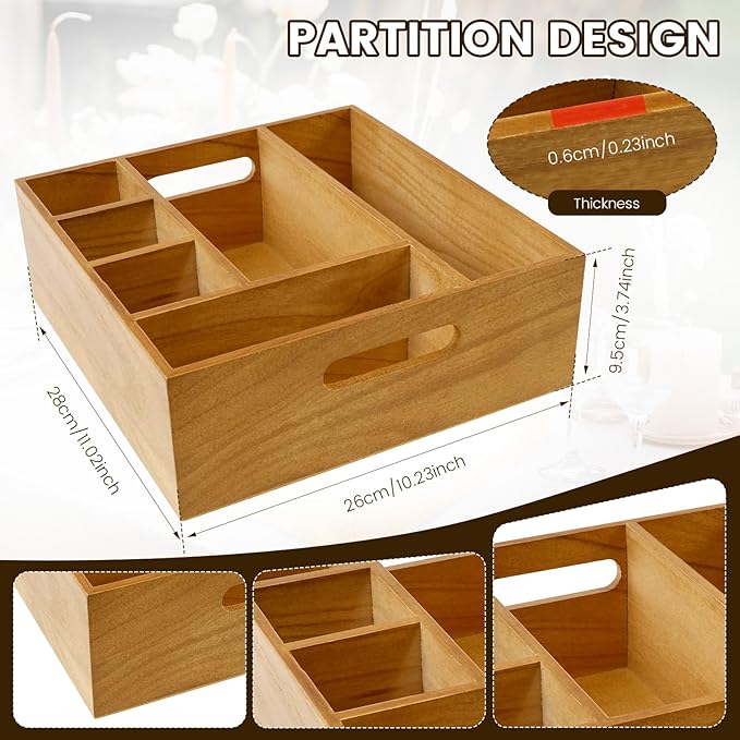 Wood Utensil Holder for Party, Paper Plate Dispenser and Holder for Kitchen Counter, Paper Plate Organizer for Countertop, Wood Silverware Caddy for Cups Spoons Forks Plates Napkins