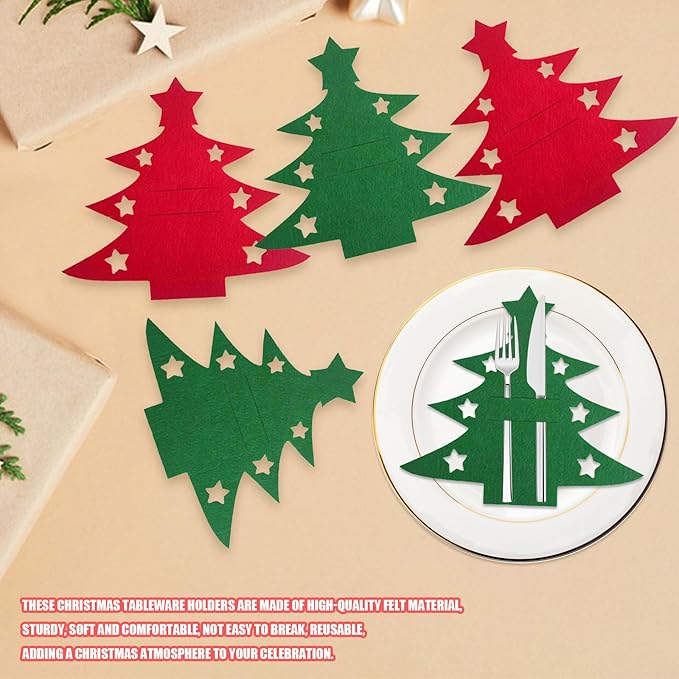 Christmas Cutlery Holder, 24 Pcs Green Red Christmas Tree Silverware Holder Pockets, Xmas Utensil Bag Spoon Knife Fork Bags Xmas Party Dinner Table Decorations Supplies