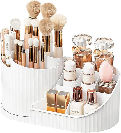 Anyoifax 360 Rotating Makeup Brush Holder Organizer with Divider 5 Slots Make Up Brushes Cup Flower-Shaped Spinning Pen Holder for Vanity, Cosmetics, Lipsticks, White
