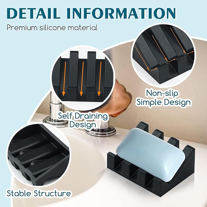 2 Pack Self Draining Silicone Soap Dish with Suction Cups - Non-Slip Bar Soap Holder for Shower & Kitchen, Waterfall Tray Keeps Soap Dry, Easy Clean, Extends Soap Life (Black)