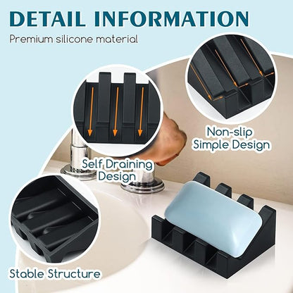2 Pack Self Draining Silicone Soap Dish with Suction Cups - Non-Slip Bar Soap Holder for Shower & Kitchen, Waterfall Tray Keeps Soap Dry, Easy Clean, Extends Soap Life (Black)