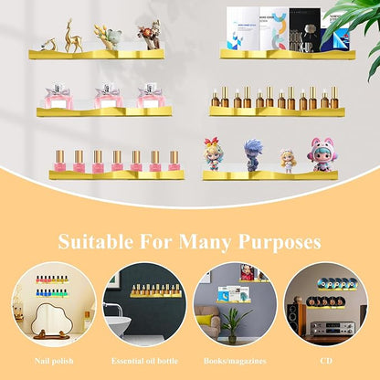 6 Pack Wall Mounted Acrylic Nail Polish Organizer Rack 15 Inch Gold Mirror Nail Polish Shelf with Removable Ends Multi-Purpose Shelf for Essential Oils Cosmetics Storage Display for Salon Bathroom