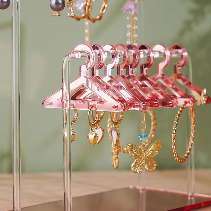 NiHome Acrylic Earring Holder with Unique Double-Tiered Design, Cute Miniature Clothing Hangers with Spacious Storage for 48 Pairs, Mirror-Finish Display for Home Vanity & Retail Showrooms (Rose Gold)